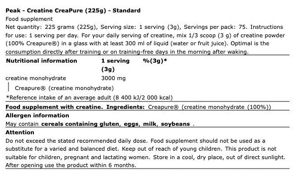 PEAK Creatine 100% Creapure 225gr - Image 2
