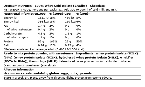 OPTIMUM NUTRITION 100% Isolate Gold Standard 930gr - Image 5